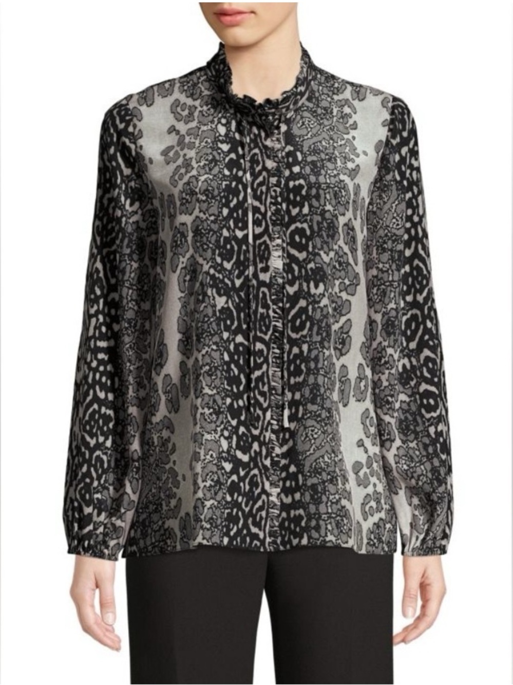 Kobi Halperin Regina Printed Silk Blouse Animal Print Gray Black Size XL